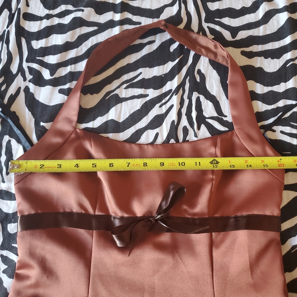 Vintage Y2K Halter Babydoll Dress Satin Brown w/ Bow Size 7/8 Retro Prom Formal - Picture 14 of 16